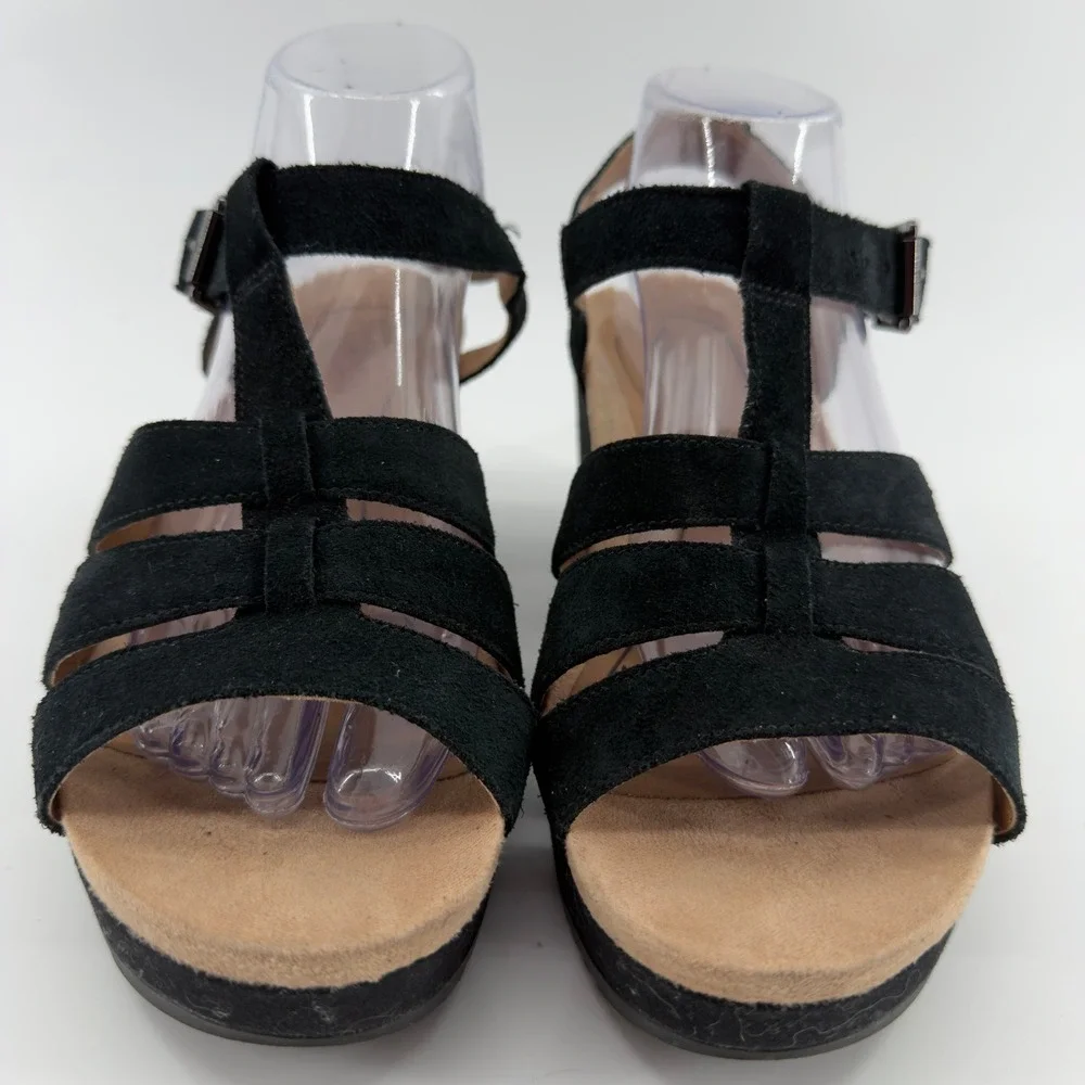 Vionic Tawny Black Suede Wedge Sandals Strappy Platform Buckle 9.5